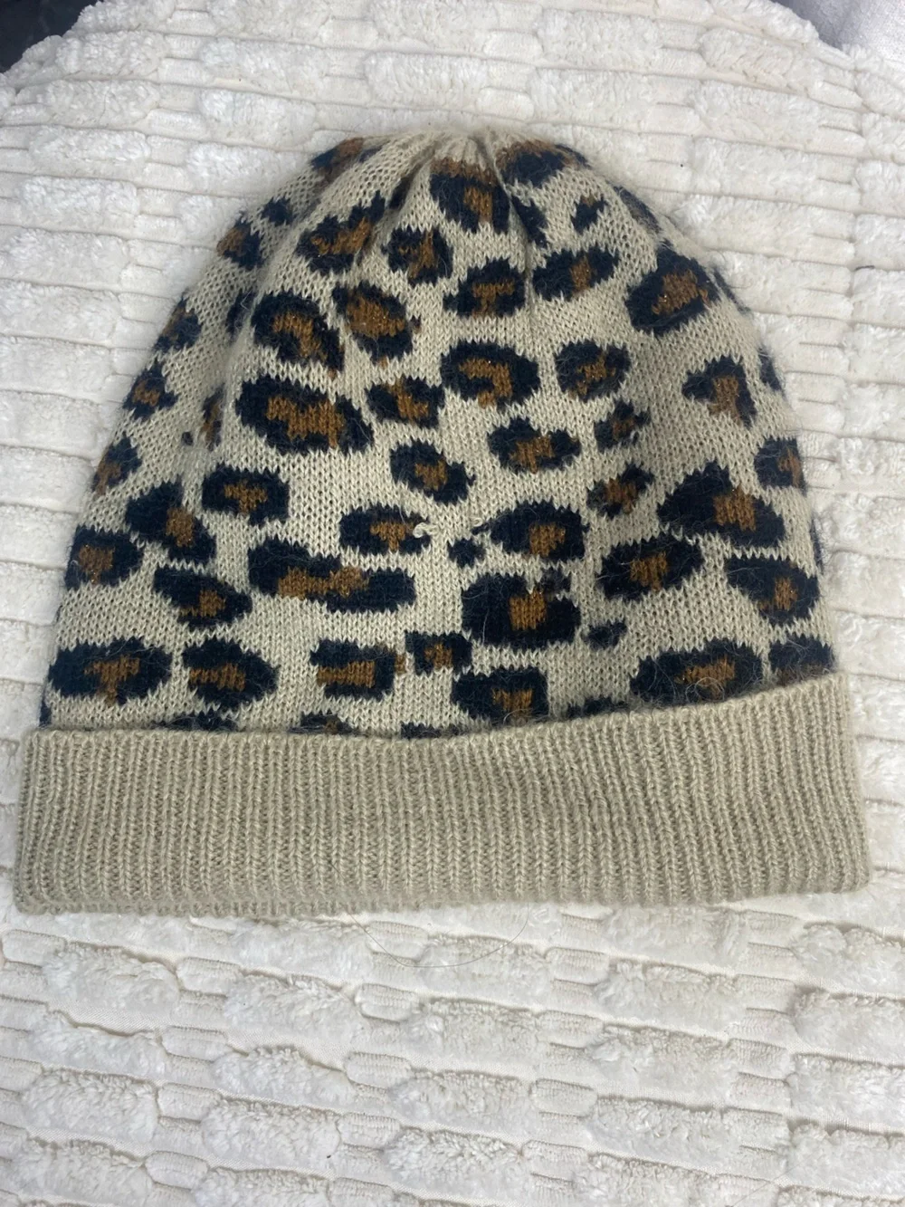 Apt 9 Leopard Print Knit Beanie Hat Tan Brown Cheetah Cuffed Winter Cap OSFM